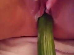 Amateur masturbate with cucumber while watching porn